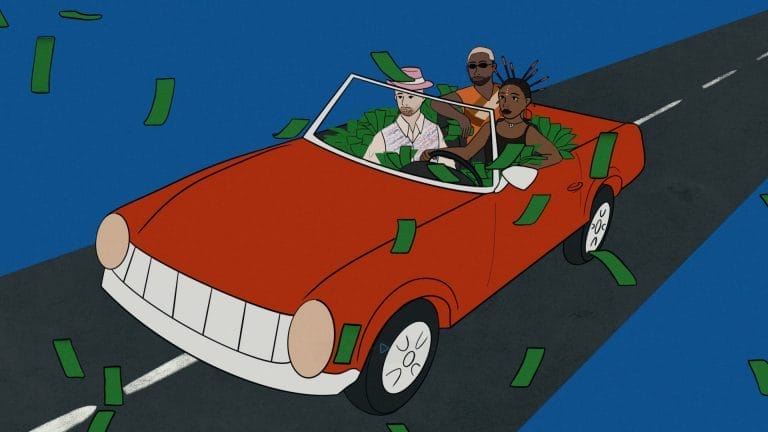 Ausschnitt aus dem Musikvideo "Tell Money" Ein animiertes Auto, mit Wiyaala, Dodo & Niahsun fährt eine Straße entlang.